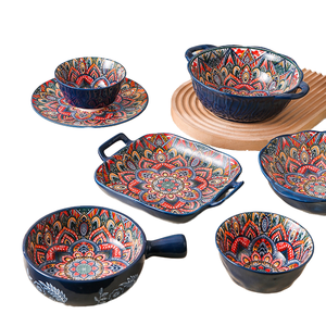 China Factory Wholesale Bohemian Ceramic <b>Dinnerware</b> Set Custom Green Plates with Handle Eco-Friendly Salad Bowl for Home Use - Product Image 4