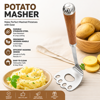 Ustensiles de cuisine : Écrase-pommes manuel en forme de patte de chat/ronde, en acier inoxydable 304, résistant à la chaleur, pour fruits et légumes, avec manche en bois de rose