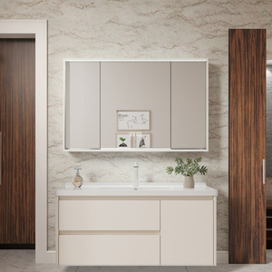 Lavabo de cerámica todo en uno, muebles de tocador de baño, gabinete de espejo de lavado de cara de aluminio con laca de pie - Product Image 2