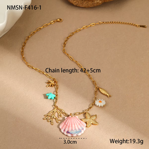 Joyería de Verano Estilo Bohemio para Chicas de Playa y Océano Collar y Pulsera con Dijes de Conchas y Estrellas de Mar de Acero Inoxidable en Colores de Ensueño - Product Image 4