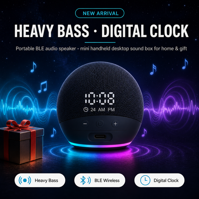 New Arrival Fabric Portable BLE Audio Speaker Integrated Digital Clock Mini Handheld Desktop Sound Box Heavy Bass for Home Gift