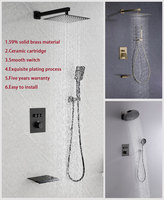Ensemble de douche mural en laiton massif noir mat avec pommeau de douche carré effet pluie, douchette à main et robinetterie encastrée