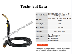 Tonyweld BND 300A MIG溶接ガンユーロコネクタ付き60% デューティーサイクル3年間保証3m-5m長さオプション - Product Image 5