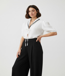 Women Elegant <b>White</b> <b>Puff</b> <b>Sleeve</b> Tie Front <b>Top</b> Soft Breathable Lightweight Summer Blouse Retro Inspired Chic Casual Streetwear - Product Image 2