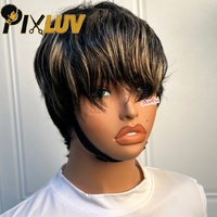 Meilleure vente TikTok : Perruque courte coupe pixie en cheveux humains bruts, sans colle, avec dentelle frontale, bouclée, avec mèches, 9,9 $