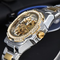 Montre mécanique automatique squelette, exclusive transfrontalière, avec aiguilles lumineuses et accents de pierres précieuses, de haute qualité, de luxe, avec réserve de marche