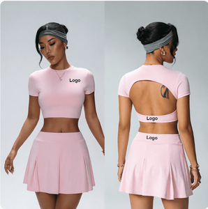 Ensemble de jupe de <span class=keywords><strong>tennis</strong></span> 2 pièces pour femmes, haut court à manches courtes rose, jupe mini plissée taille haute, <span class=keywords><strong>tenue</strong></span> de sport pour le golf et le yoga - Product Image 1