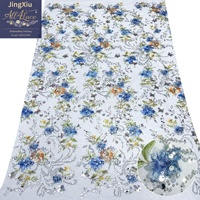 Tissu en dentelle de maille brodée de sequins floraux multicolores blancs de luxe, 100% polyester, pour robe de mariée, robe de soirée, décoration