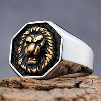 Bague Hip-Hop Lion en Acier Inoxydable Plaqué Or pour Homme, Bague Punk Géométrique Hexagonale en Acier Inoxydable Argenté, Modèle « Le Pêché de Fierté du Lion »
