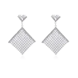 KOMI Fashion Extra Large Geometric Rhinestone Square Drop Earrings Silver Oversized Sequin Triangle Earrings Long Stud for Women