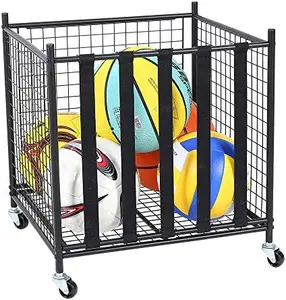 Sports Ball Storage Rolling Cart with Basket and Hooks Lockable Cage Storage Rack for Garages, Playgroup, Gym and Schools