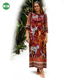Vestido Largo Bohemio con Cuello con Volantes, Puños Elásticos Plisados con Bolsillo Lateral, Tela con Estampado Personalizado, Vestidos Estilo Tribal - Product Image 1
