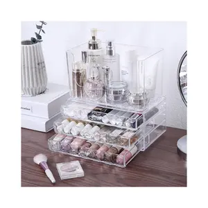 PS multipurpose acrylic storage box jewelry cosmetic makeup clear 3 tiers plastic makeup organizer set with drawer