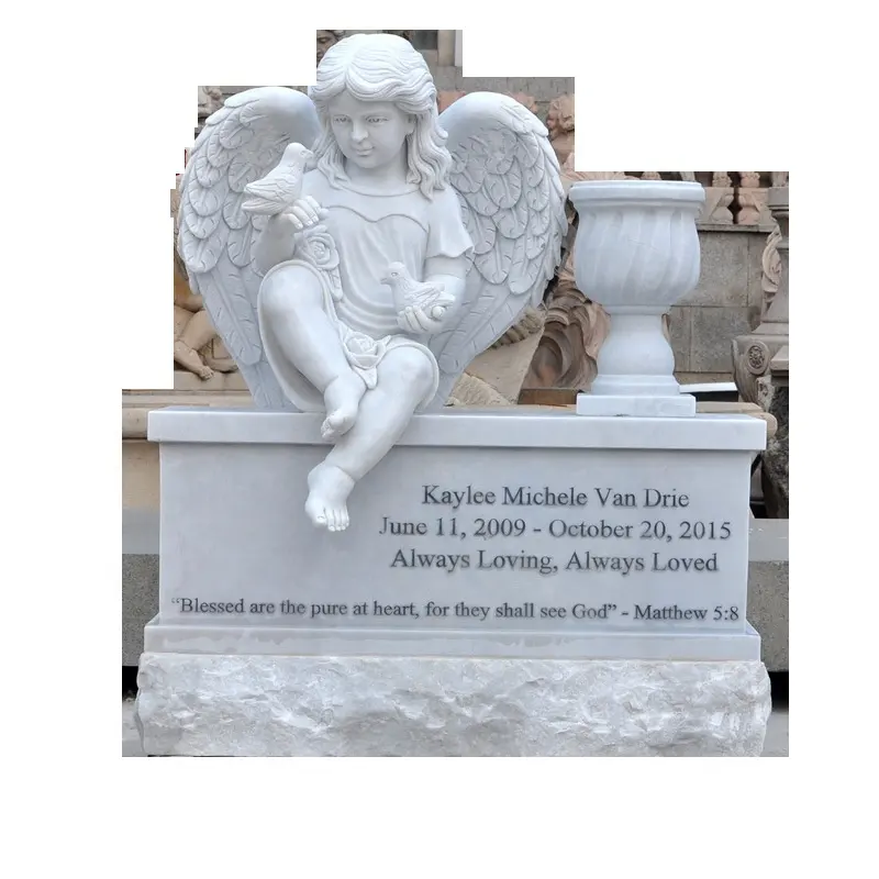 Precio barato de mármol blanco bebé Ángel estatua lápida para la tumba con grabado