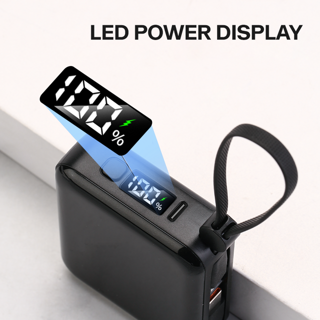 10000mAh 22.5W Fast Charging Power Bank LED Display Portable Charger USB Type C Mobile Power Bank with Built in Cable