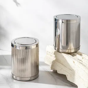 Hotel Metal Bins Custom Wholesale Double Layer Gold 304 Stainless Steel Trash Can Luxury Bathroom Room Rolling Cover Type Bin