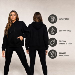Sweat-shirt à capuche unisexe surdimensionné, noir uni, tricoté, décontracté, avec poche, manches régulières, pour l'automne - Product Image 1