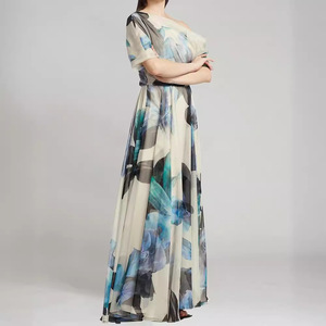 Off The Shoulder Chiffon Maxi <b>Dress</b> Blue Apricot <b>A</b> <b>Line</b> One Shoulder Print Long <b>Dress</b> Summer Resort Style - Product Image 4