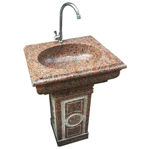 Lavabo cuarto de baño diseño único a través de rojo Natural de mármol de piedra de granito de tazón de agua de la cuenca baño lavado de Lavabo con Base Pedestal