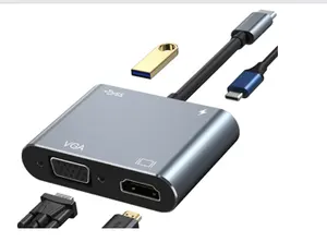 Adaptador para laptop 4 em 1 tipo C para USB 3.0 100W PD Hub conversor 1080p VGA Multiport USB C HUB Adaptador para laptop