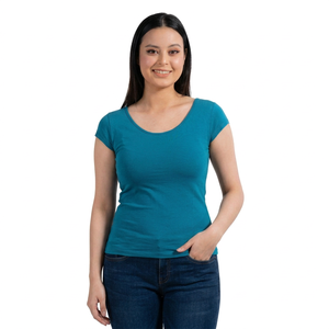 Women Teal <b>Blue</b> T Shirt Scoop Neck Short Sleeve Fitted Casual Cotton Summer <b>Top</b> Women Teal <b>Blue</b> T Shirts - Product Image 2