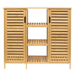 Grande Mobiletto da <span class=keywords><strong>Bagno</strong></span> in Bambù con Doppie Ante a Doghe, Organizzatore a 3 Colonne per Asciugamani e Decorazioni - Product Image 1
