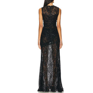 OEM hizmetleri yaz siyah High-End seksi doğal bel kat uzunluk saten şifon payetli parti elbise - Product Image 3