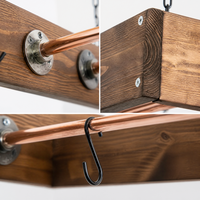Étagère à casseroles de style farmhouse, étagère à casseroles suspendue au plafond, en bois et en cuivre, avec support de rangement réglable pour la cuisine