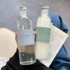 500ml 700ml Large Capacity Time Marker Clear Glass Water Bottle With Leather Sleeve