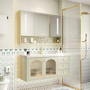 French-style Cream-Finish Ceramic One-Piece Basin with Smart Mirror and Oak <b>Bathroom</b> <b>Vanity</b> - Product Image 4