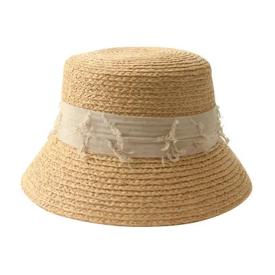 新しいファッション春夏バケットハットレディラフィアワイドブリムビーチ麦わら帽子女性用ブレード付き帽子