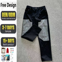 Pantalon noir surdimensionné personnalisé avec rivets, streetwear, 100% coton sergé, fermeture boutonnée, broderies, patchs