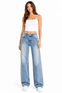 Jeans a Vita Alta e Gamba Larga con Motivo Ricamato Vestibilità Comoda Lunghezza Intera Stile Casual Effetto Stonewashed - Product Image 1