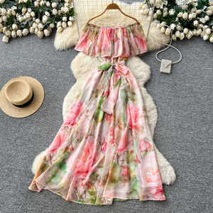 Vestidos Longos Elegantes de Verão com Ombros Descidos, Estampa <span class=keywords><strong>Floral</strong></span>, Sem Mangas e Cintura Ajustável para Mulheres em Férias - Product Image 4