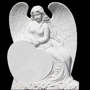 JK Western style white marble angel wings tombstone gravestone