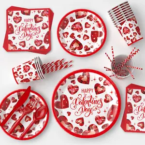 Ngày Valentine Đỏ Bộ đồ ăn Bộ tình yêu trái tim in mẫu giấy tấm khăn ăn ly rơm Ngày Valentine Nguồn cung cấp bên