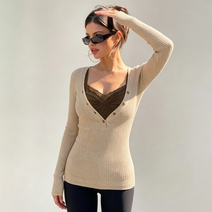 T-shirt à manches longues slim style Y2K, superposé, en dentelle, avec empiècements contrastants, coupe décontractée et polyvalente - Product Image 3