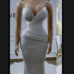 2024 nouveau luxe africain perles lourdes perlées sirène robes de mariée Illusion cou manches longues Satin froncé plis robe de mariée