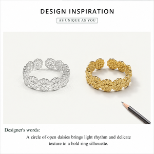 แหวนสแตนเลสลายดอกเดซี่ ปรับขนาดได้ ชุบทอง 14K แบบสุญญากาศ ดีไซน์ฉลุลาย สีทองและสีเงิน - Product Image 2