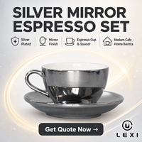 Ensemble tasse et soucoupe à expresso plaqué argent, finition miroir, céramique de luxe, tasse à café moderne, cadeau pour barista, décoration de table