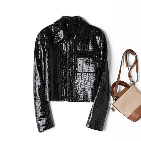 3153 New Fashion Black Lapel Long Sleeves Genuine Sheep Leather Cropped Crocodile Embossed Leather Jacket for Woman