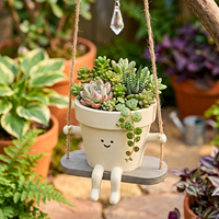 Pot de fleurs suspendu en résine avec visage souriant mignon, bras et jambes, pour jardin, cour, balcon, décoration extérieure