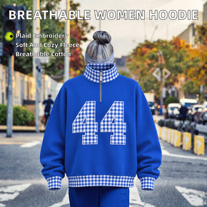 <b>Women</b> <b>Quarter</b> <b>Zip</b> Hoodie Embroidered Plaid <b>Sweatshirt</b> Soft Fleece Pullover Casual Daily Wear - Product Image 2