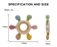 Anneau de dentition en silicone pour bébé, centre en bois en forme de gouvernail, 6 têtes de texture à mâcher, jouet sensoriel à prise douce, apaise les gencives, 0-12 mois