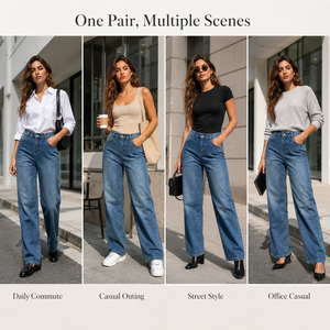 Jean en denim taille haute pour femme, coupe ample, jambe large, longueur intégrale, style décontracté vintage, polyester/coton respirant, été/printemps - Product Image 4