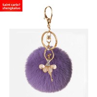 Porte-clés Pompon en fourrure d'ange coloré, mignon, avec strass scintillants, motif ballerine, pendentif de sac