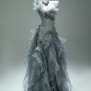 JFH83 Asymmetric Gray Crystal Mermaid Evening Party <b>Dress</b> <b>Ruffle</b> Lace Beading Appliques Chiffon Print Design Natural Chapel - Product Image 1