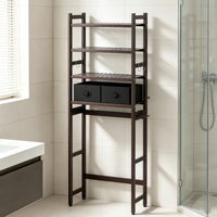 Étagère de rangement premium en bambou foncé pour toilettes, organisateur de salle de bain à 4 niveaux avec paniers, crochets et porte-papier pour rangement de salle de bain