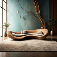 Canapé multi-places ondulé de style mid-century avec structure en fibre de verre imitation bois et revêtement en cuir-tissu beige pour salon moderne
