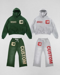 Set <span class=keywords><strong>Tuta</strong></span> Personalizzata con Felpa e Pantaloni Larghi Oversize, Abbigliamento Streetwear Verde-<span class=keywords><strong>Grigio</strong></span> Lavato, Produttore <span class=keywords><strong>di</strong></span> Abbigliamento - Product Image 2